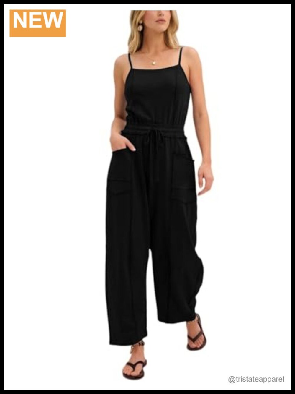 Women's Spaghetti Strap Jumpsuit Cotton Blend Wide Leg Romper with Pockets